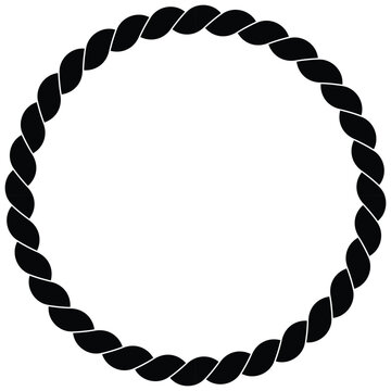 A stark black rope is intricately braided into a perfect circular frame against a white background