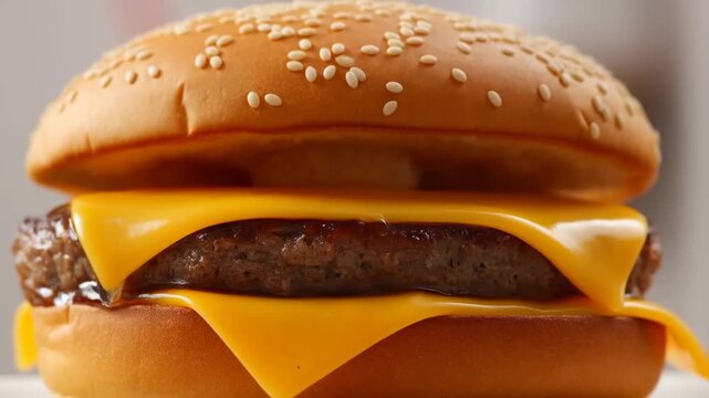 Slow motion close up static shot of cheeseburger cheese melting and dripping over beef patty between sesame bun in studio setting