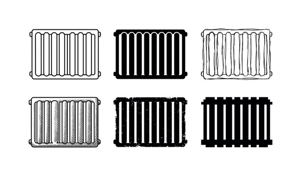 Collection of radiator icons in various artistic styles for heating and home comfort