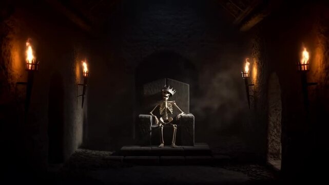 Slow dolly in of skeleton king seated on throne in underground torch lit stone chamber and dark crypt corridor