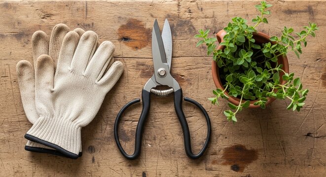 Flat lay of gardening tools including metal shears and beige gloves next to a small potted herb on a rustic wooden workbench.