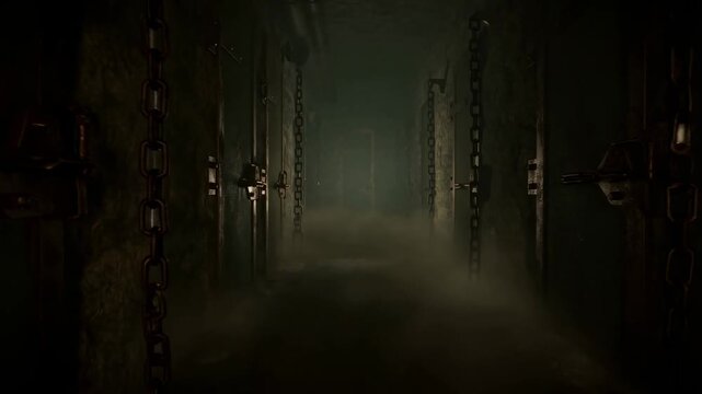 Tracking shot through dungeon corridor with heavy chains and swinging doors as fog rolls along floor