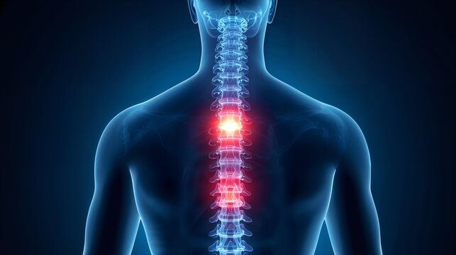 Human spine pain highlighted on upper back medical anatomy concept