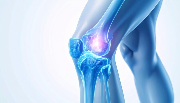 Detailed anatomical knee joint illustration with glowing cartilage, symbolizing medical visualization, joint mechanics, and orthopedic health.