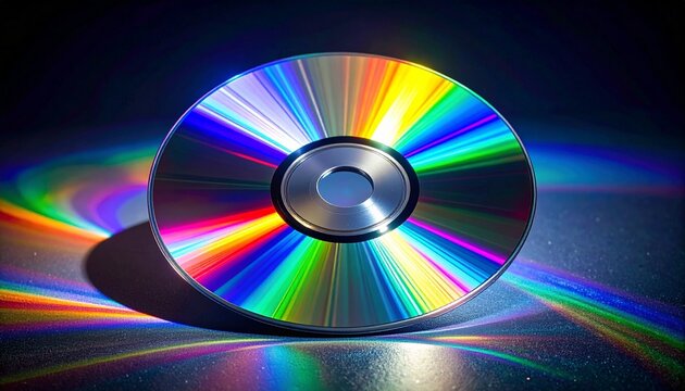 Compact disc with rainbow diffraction pattern, symbolizing optical properties, light refraction, and colorful digital media design.