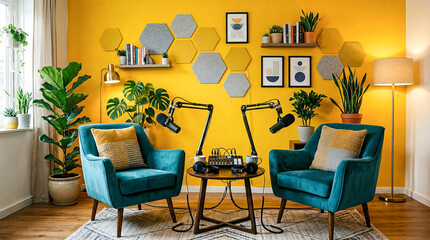 Fototapeta premium A vibrant modern podcast studio featuring bold teal armchairs against a bright yellow wall, professional microphones, lush indoor plants, and cozy, warm floor lamp lighting.