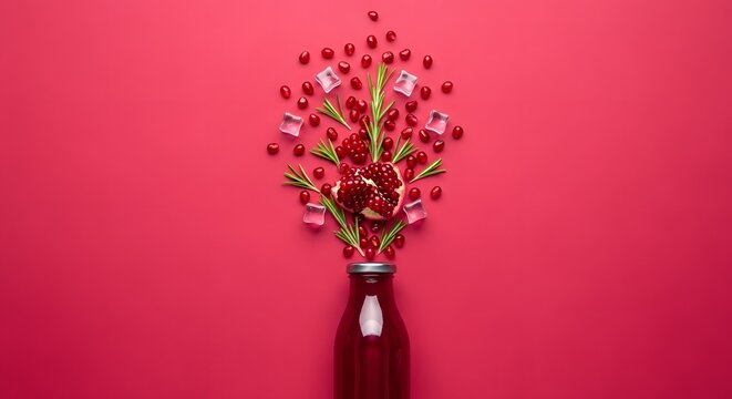 Fresh pomegranate seeds and ice cubes arranged near a bottle of red juice on a pink background