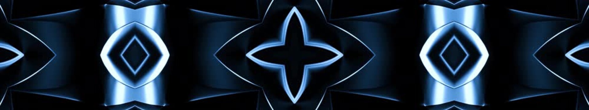 Kaleidoscopic blue pattern with glowing geometric shapes loop panorama