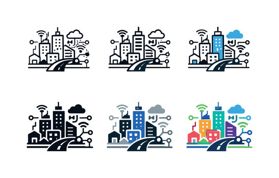 IoT city icon depicting connected buildings, roads, and sensors with data flow symbols representing smart infrastructure,