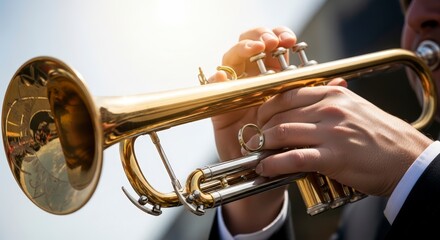 Fototapeta premium Close-up of hands playing trumpet.