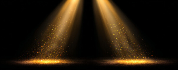 Golden spotlights shine on a center stage area. Soft glowing beams create cinematic effects. Perfect abstract background for performances or concerts. 
