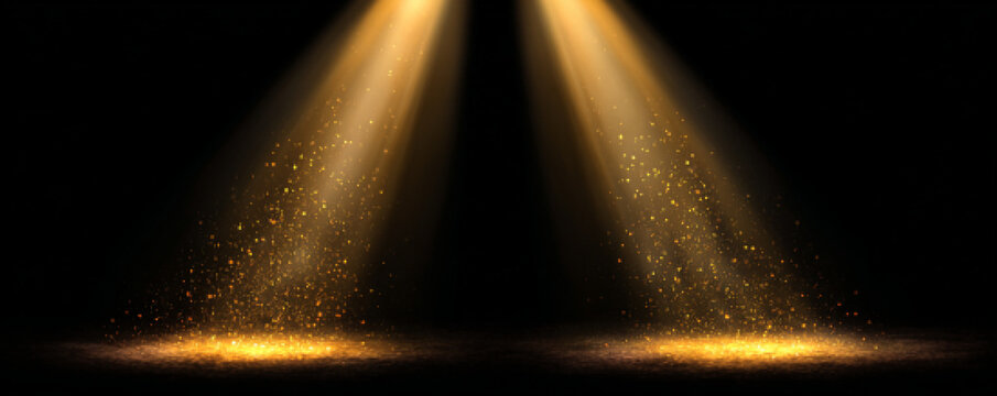 Golden spotlights shine on a center stage area. Soft glowing beams create cinematic effects. Perfect abstract background for performances or concerts.
