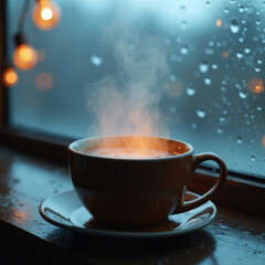 Fototapeta premium Warm Drink on Window Sill Rainy Day. Generative ai.