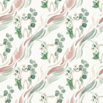 Gentle and elegant watercolor seamless pattern. A beautiful background for dentistry, oral hygiene products, and natural health concepts. Vector illustration
