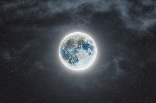 Full Moon with Starry and Cloudy Night Sky, Detailed Lunar Photography - Artemis