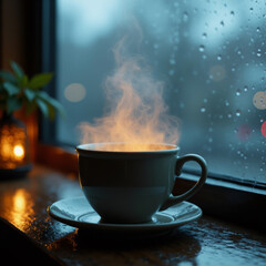 Fototapeta premium Steam from Hot Tea Rain Outside Window. Generative ai.