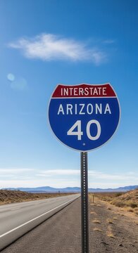 Arizona Interstate 40 Highway Sign Vast Desert Landscape Under Blue Sky