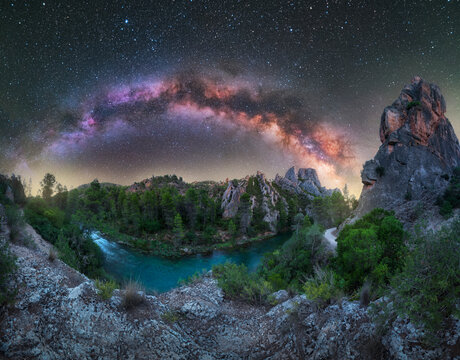 Milky Way Arch Over Mountain Valley and River, Hoces and Cuchillos del Cabriel