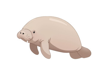 Fototapeta premium Manatee swimming, marine mammal cartoon illustration, sea cow mascot character artwork with transparent background