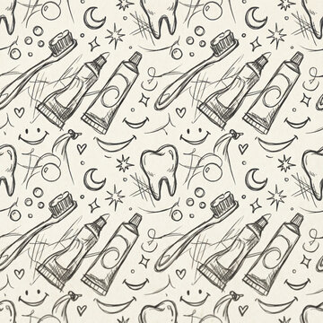 Charming and playful seamless pattern featuring hand-sketched dental elements. Fun design for pediatric dentistry, clinic decor, and health awareness.Vector illustration