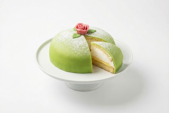 Isolated studio shot of a traditional Swedish Princess Cake (Prinsesst&aring;rta) with a cut slice revealing cream layers, on a white cake stand
