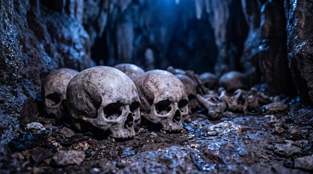 Human skulls piled on rocky ground inside dark cave. Ancient burial site or archaeological discovery. Scary atmosphere, mystery, danger and death concept for gothic horror theme.