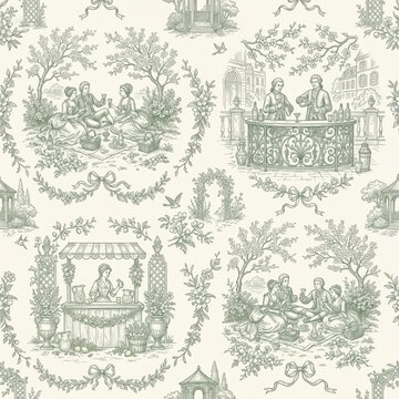 Elegant seamless background in classic Toile de Jouy style. Features romantic pastoral scenes, perfect for wallpaper, fabric, and vintage designs. Vector illustration