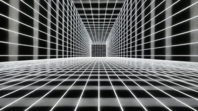 Endless travel through white digital lines forming infinite corridor in deep dark space where cyber network patterns create futuristic world. Atmospheric vision of high tech virtual reality