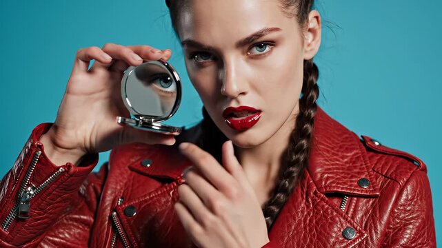 Fashionable woman with mirror poses confidently. She shows beauty secrets in vibrant red leather jacket. Bold makeup enhances striking look during studio shoot.