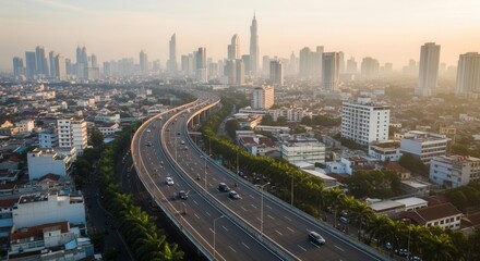 Naklejka premium Bustling Cityscape With Elevated Highway And Towering Skyscrapers At Sunrise