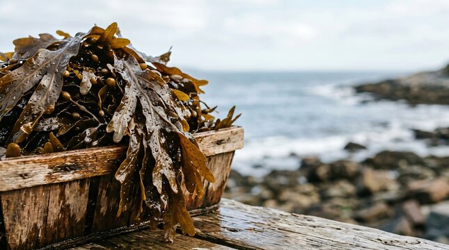Fresh brown seaweed in wooden basket near ocean. Harvesting marine algae for food and organic fertilizer. Coastal ecology, sustainable industry and aquaculture production concept.