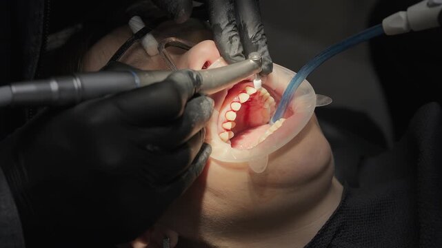 Professional dental hygienist in black gloves performing a teeth polishing procedure on a patient with a cheek retractor, using a special brush and paste to remove plaque and stains