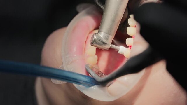 Close-up of dentist polishing a prepared natural tooth for crown placement using a dental handpiece, while an assistant uses a saliva ejector during treatment in a modern clinic