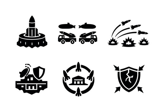 Solid style icons of second-strike capability: hardened silo icon, survivable arsenal node, retaliatory arc, protected command