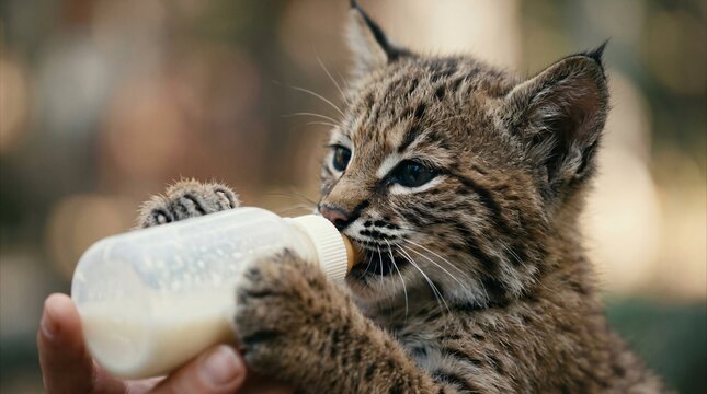 Human feeding small cute bobcat kitten with milk bottle. Tiny wild feline animal orphan rescue. Care for baby predator in nature environment. Wildlife protection and conservation concept.