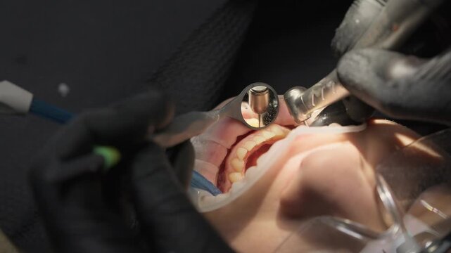 Prosthodontic treatment with dentist reshaping teeth for crown placement in a professional dental clinic