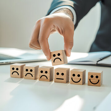 Hand choosing wooden emotion blocks with different faces to represent decision making, customer satisfaction, and sentiment selection