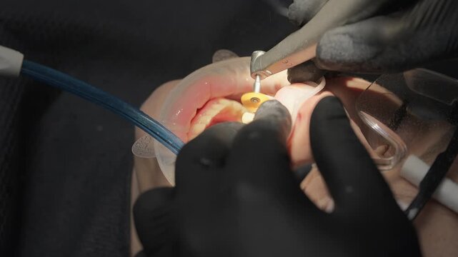 Close-up professional dental treatment with a dentist using a drill to polish and clean teeth in a modern clinic. The patient's mouth is held open with a retractor during the procedure