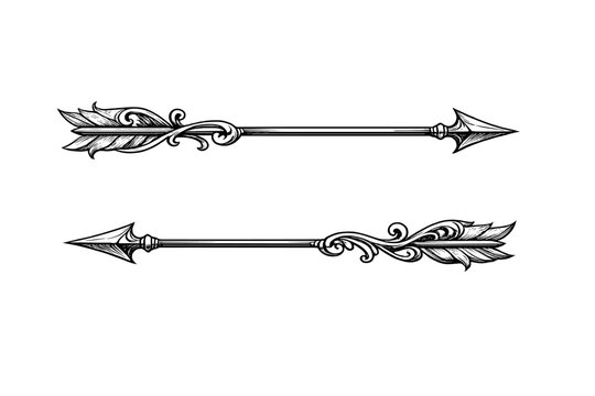Black and white illustration featuring two decorative vintage arrows