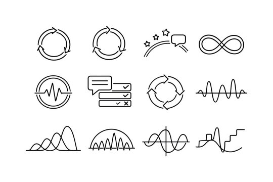 Line style vector icons of customer support service knowledge base: cycle line, flow ring, feedback arc, loop mesh, pulse ring,