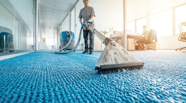 Professional cleaner washing blue carpet in office with specialized equipment and steam cleaning service