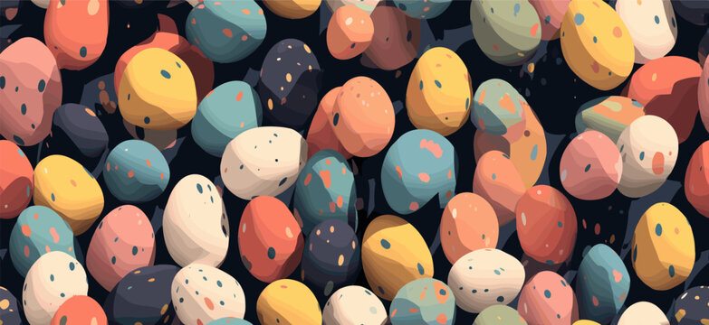 Colorful speckled Easter eggs forming abstract spring seamless pattern. Many colorful speckled Easter eggs creating a festive spring holiday background