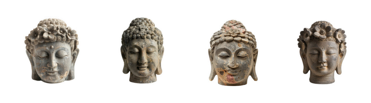 Set of serene stone buddha head sculptures with weathered antique textures isolated on transparent background