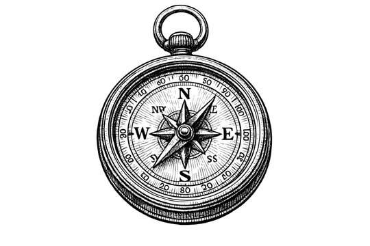 A black and white vintage compass illustration in a detailed