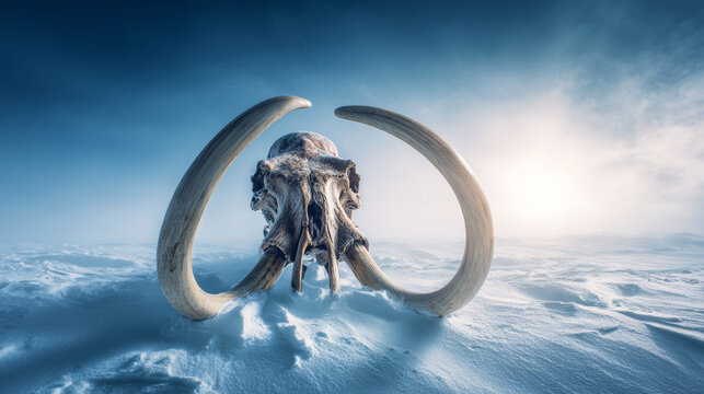Woolly mammoth skull with large curved tusks emerging from a snowy, icy landscape under a cold winter sky, symbolizing ancient survival