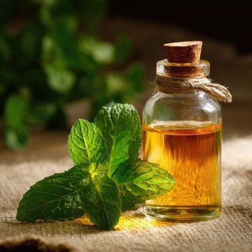 Essential oil bottle with fresh mint leaves for natural wellness