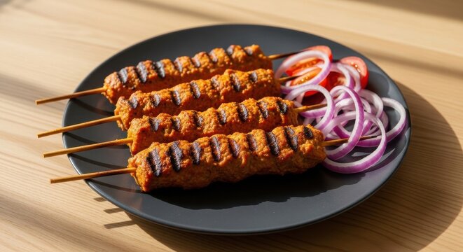 Delicious grilled adana kebabs served on a black plate with fresh red onion rings and tomato slices on a wooden table
