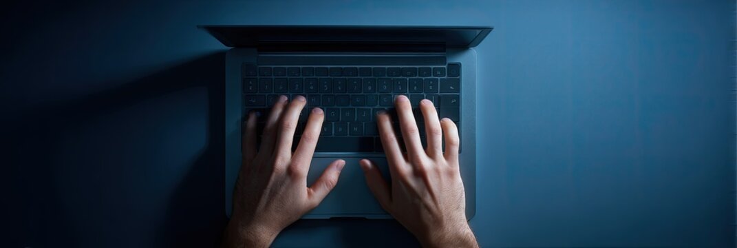 Hands typing on laptop keyboard overhead view blue background communication