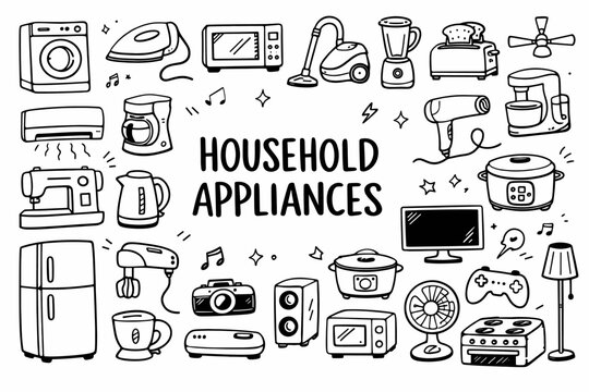 Household appliances doodle illustration in black and white hand drawn outline style with home electronics and kitchen equipment elements