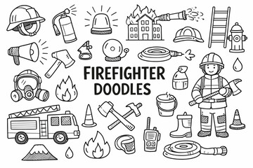 Fototapeta premium Firefighter doodle illustration in black and white hand drawn outline style with fire rescue equipment and emergency icons